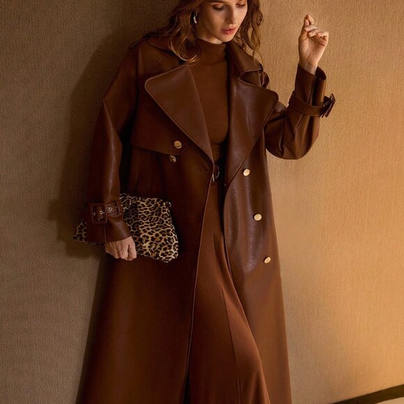 Brown Elegant Women's Double Breasted Belted Trench Coat - Picture 6 of 8